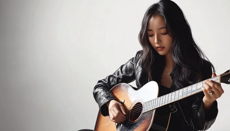 Photo ギターを弾くスタイリッシュなアジア人女の子