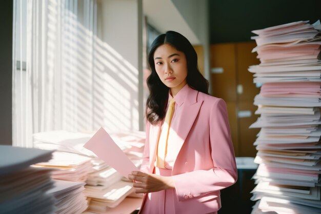 Stylish asian manager in a pink suit works in the office business lady fashion trends