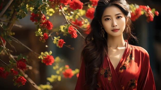 Stylish Asian woman amidst red flowers