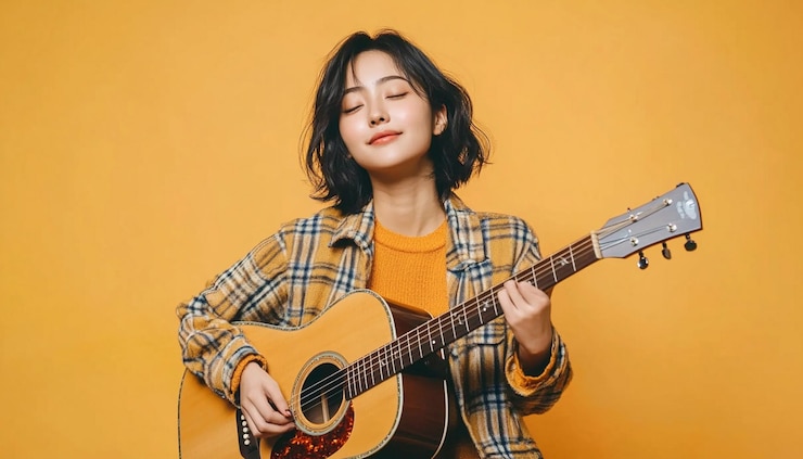 Photo 기타를 연주하는 스타일리시한 아시아 젊은 여성