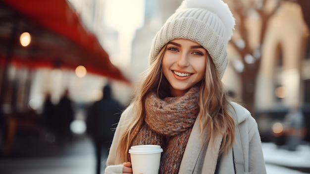 Stylish attractive young smiling woman walking in street in winter outfit with coffee