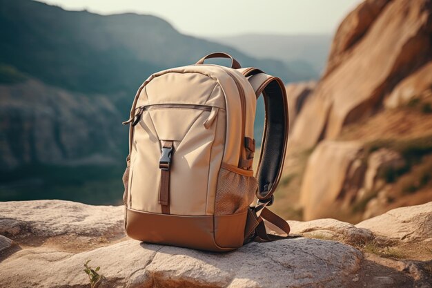 Photo stylish backpack on background of mountains tourist fabric gray backpack on large stones brown