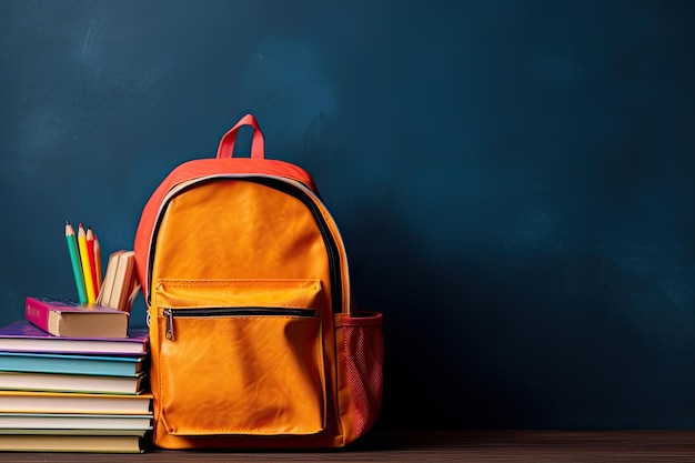 Stylish backpack with different school stationery on table indoors Space for text Back to school concept Ai generative