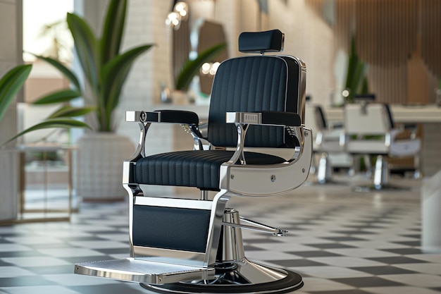 Стильный парикмахерский стул в современном салоне с хромным покрытием