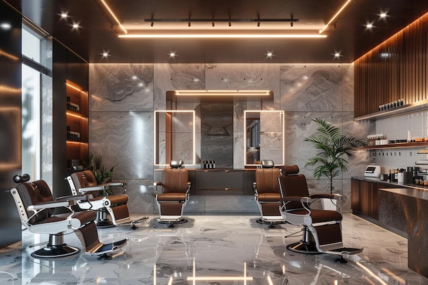 Stylish barber shop interior with modern lighting