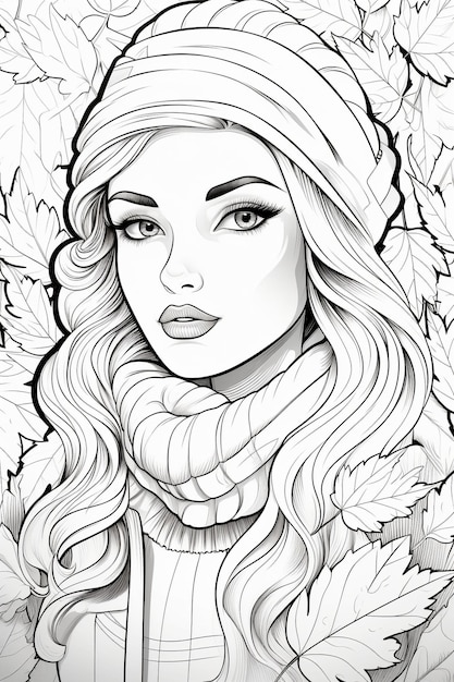 stylish barbie with autumn leaves background coloring page