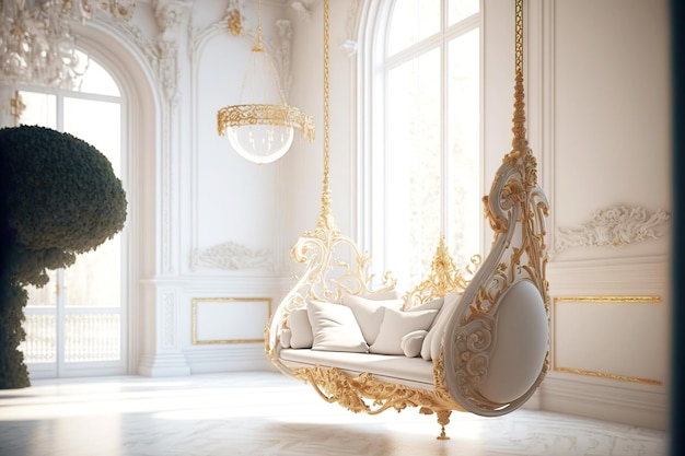 Stylish Baroque interior with hanging sofa and large window