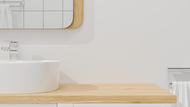 Interni eleganti del bagno con spazio mockup per il montaggio su rendering 3d del controsoffitto del bagno in legno