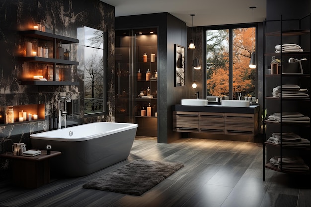 현대적인 욕조와 아름다운 실내 식물과 함께 세련된 욕실 인테리어 쾌적하고 고급스러운 은 욕조와 함께 목재 클래식 파켓 바닥을 가진 욕실의 럭셔리 인텔리어 디자인