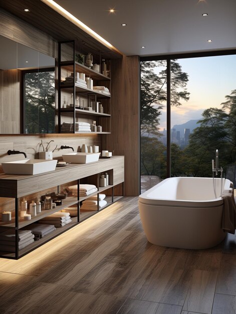 Stylish bathroom interior with modern tub and beautiful houseplants Cozy posh luxurious interior design of bathroom with white bathtub wooden classic parquet floor Home design Generative AI