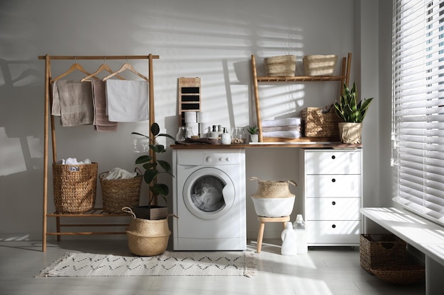 Photo stylish bathroom interior with modern washing machine