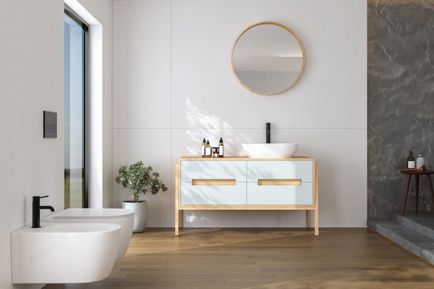 Stylish bathroom interior with white and concrete walls, white basin with oval mirror, bathtub