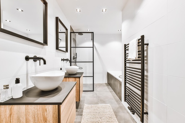 Stylish bathroom with oval sink and mirror