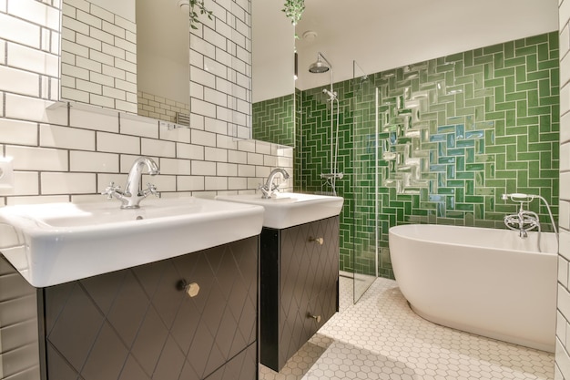 Stylish bathroom with unusual brick tiles