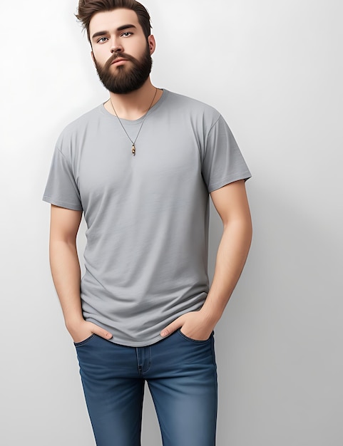 Foto elegante uomo barbuto in maglietta grigia oversize e modello di jeans