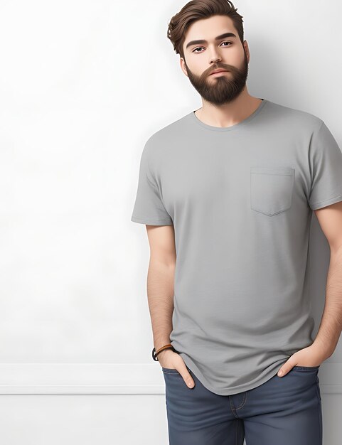 Stylish Bearded Man in Oversized Grey TShirt and Jeans Mockup