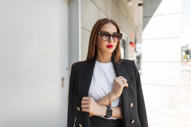 Photo stylish beautiful caucasian business girl with red lips with fashionable sunglasses in fashion casual clothes with jacket walks on a sunny day in the city pretty chick lady