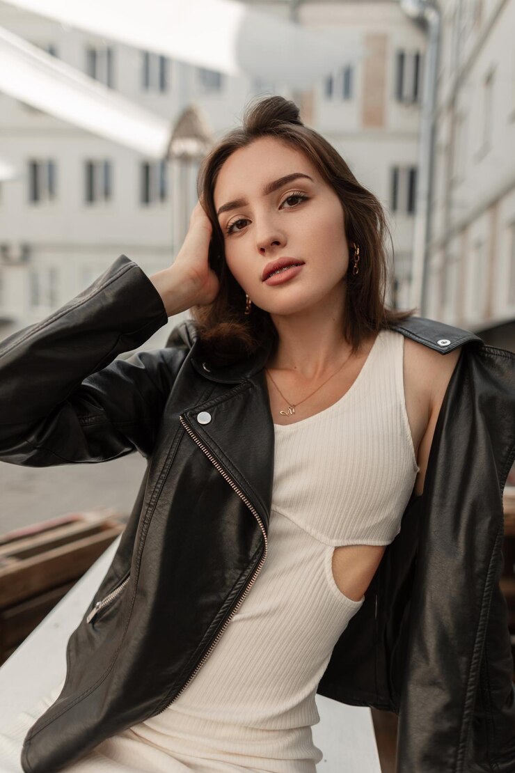 Photo stylish beautiful girl with a cute face in a fashionable white dress with a trendy black leather jacket sits on wooden pallets in the city