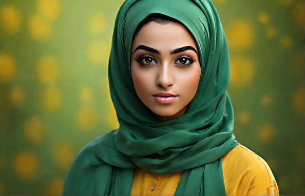 Photo stylish beautiful green hijab young woman on yellow green bokeh background