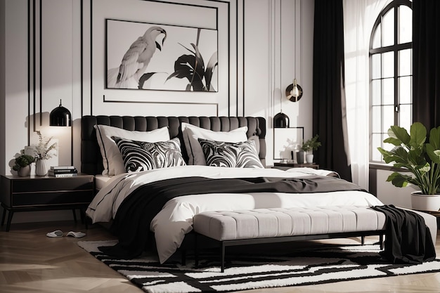 stylish bedroom interior design with black and white pillows on bed