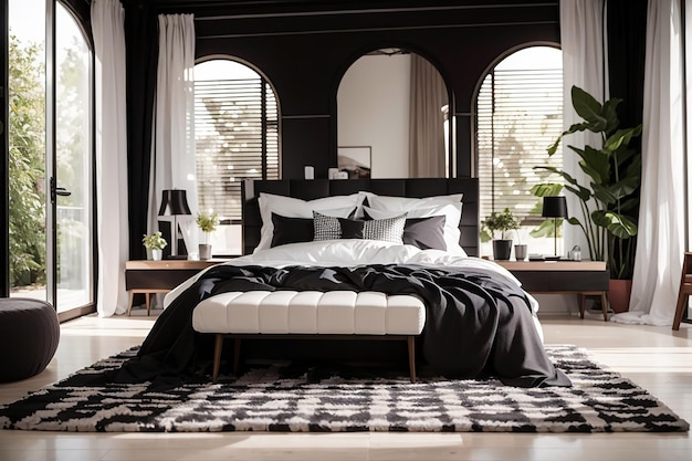 stylish bedroom interior design with black and white pillows on bed