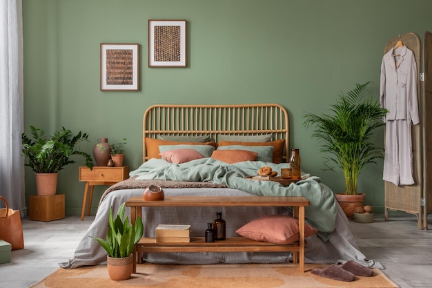 Stylish bedroom interior design with mock up poster frame\
bamboo bed night table plants folding screen and creative home\
accessories eucalyptus wall template copy space