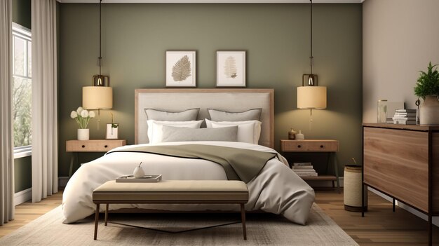 Foto interno elegante della camera da letto con grande letto confortevole e ottomano