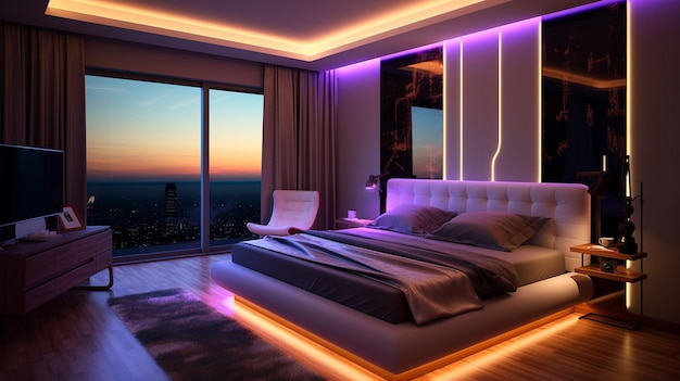 Stylish bedroom at night with multicoloured LED strip lights