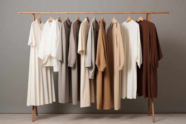 stylish beige clothes hanging on a light hanger