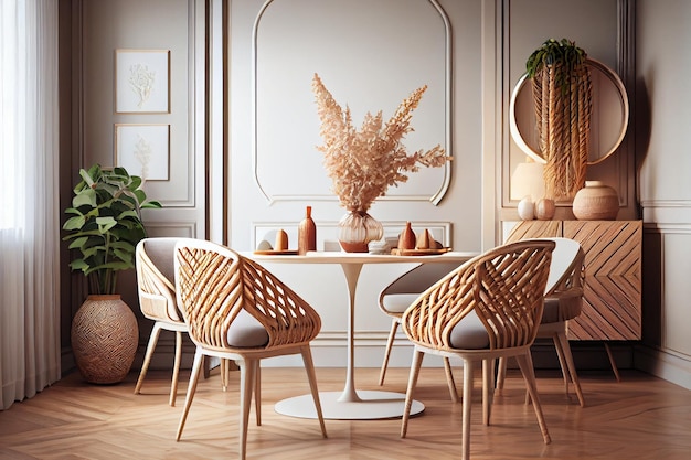 Stylish and beige interior of dining room