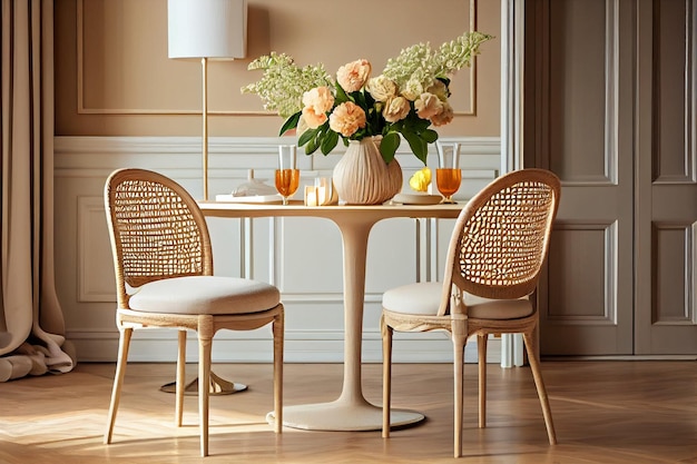 Stylish and beige interior of dining room