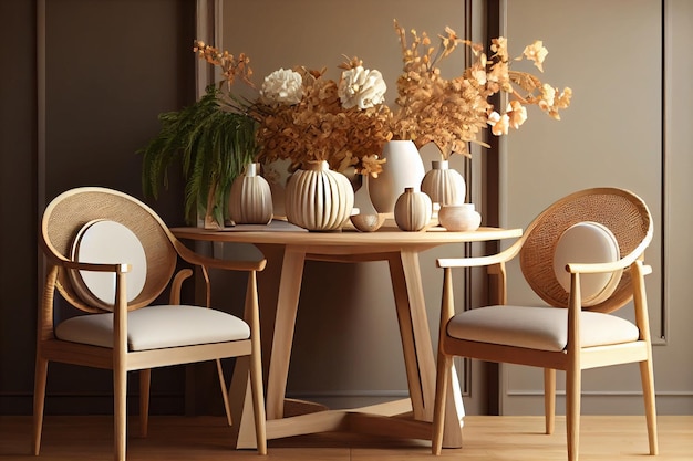 Stylish and beige interior of dining room