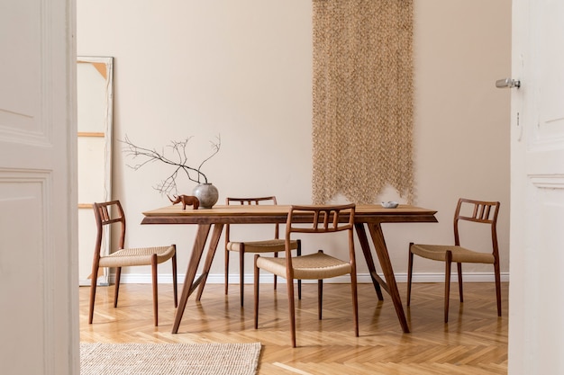 Stylish beige interior of modern dining room with design wooden oak table and chairs, vase with flowers, elegant rattan accessories and decoration. Korean style of home decor.