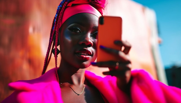 stylish black African woman with smartphone