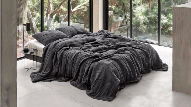 Foto elegante letto nero per due in una camera da letto moderna luminosa interno coperta nera e cuscini