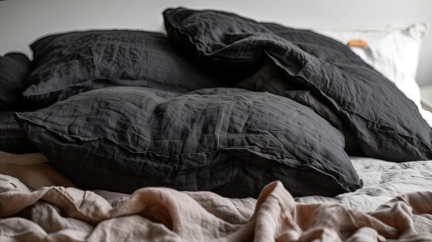 Foto elegante letto nero per due in una camera da letto moderna luminosa interno coperta nera e cuscini