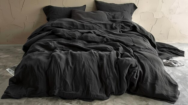 Foto elegante letto nero per due in una camera da letto moderna luminosa interno coperta nera e cuscini