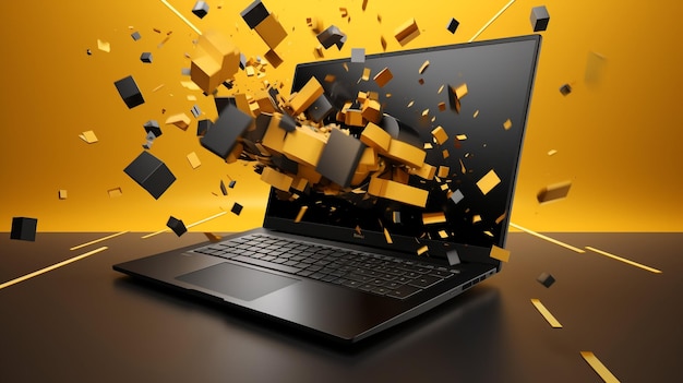 A stylish black friday offer flyer with a 3d 3drendered yellow laptop screen mockup aigenerated