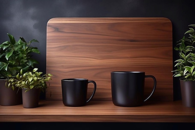Stylish black kitchen background with dark wooden cutting boards and beautiful modern black mugs fr