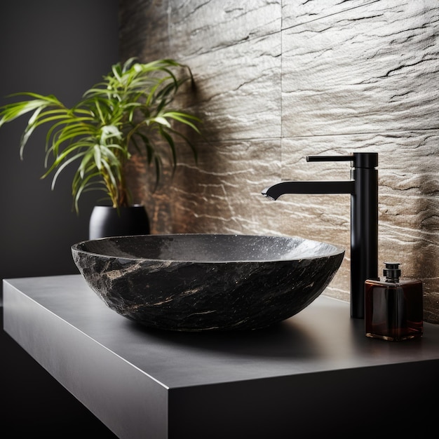 Photo stylish black marble vessel round sink and faucet on stone countertop interior design