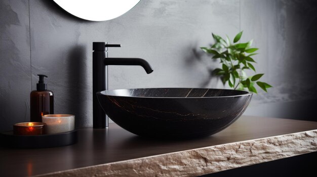 Photo stylish black marble vessel round sink and faucet on stone countertop interior design