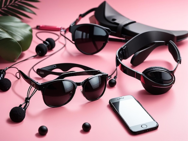 Photo stylish black sunglasses smartphone and headphones modern accessories ensemble