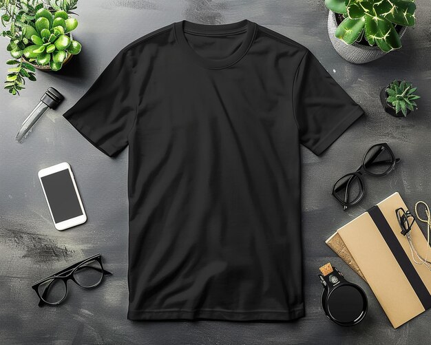 Stylish black tshirt hanging on green background