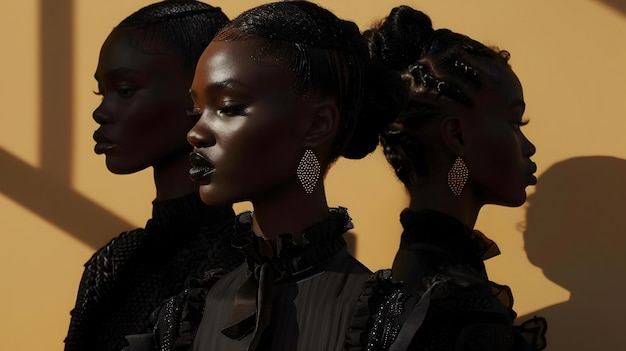 Stylish Black Women in Gold Earrings and Black Outfits To showcase a trendy and stylish group of black women suitable for fashion and lifestyle