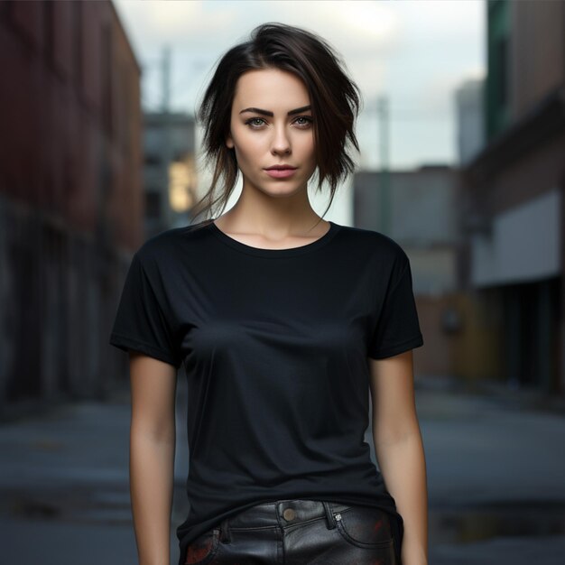 Stylish blonde girl wearing black tshirt posing against street urban clothing style