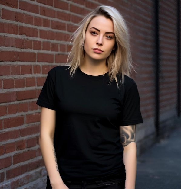 Stylish blonde girl wearing black tshirt posing in the street teeshirt Mockup urban clothing style