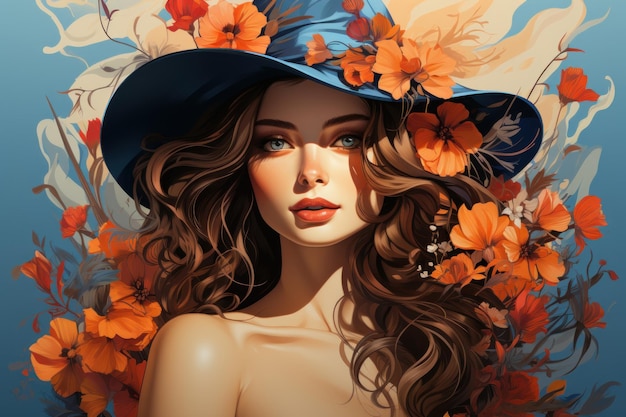 スタイリッシュなブロンドヘア 帽子をかぶった女の子 花の背景 夏の囲気 レトロ漫画ポスター