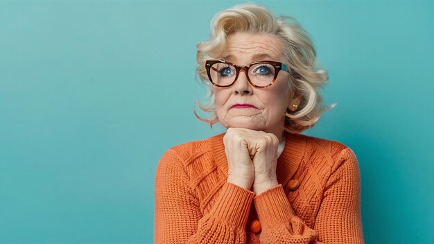 Stylish blonde wrinkled woman thinks deeply about something holds chin wears spectacles and knitted