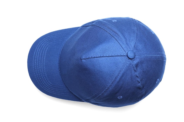 Stylish blue baseball cap on white background top view