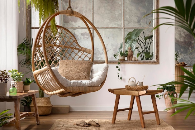 The stylish boho composition with changing swing stool window and plants Beige carpet with brown slippers White wall Template